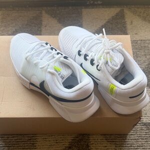 Nike White Tennis/Pickleball Shoes with Black Swoosh and Neon Accent